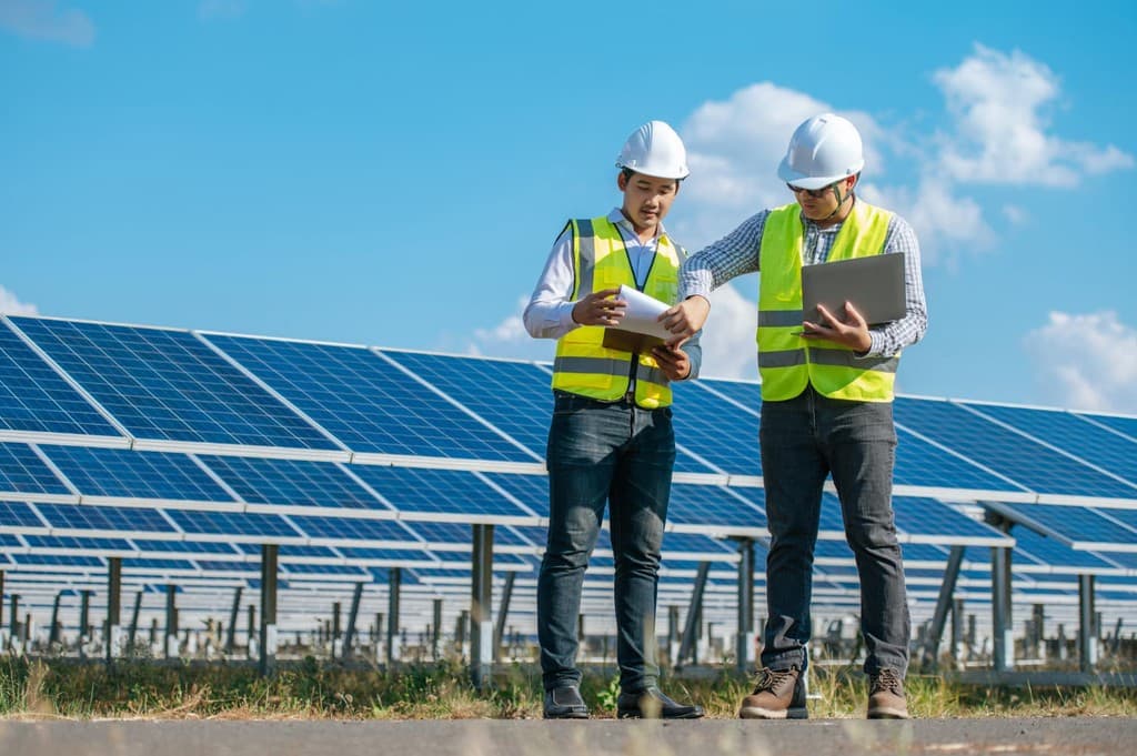 Engineers with solar panels
