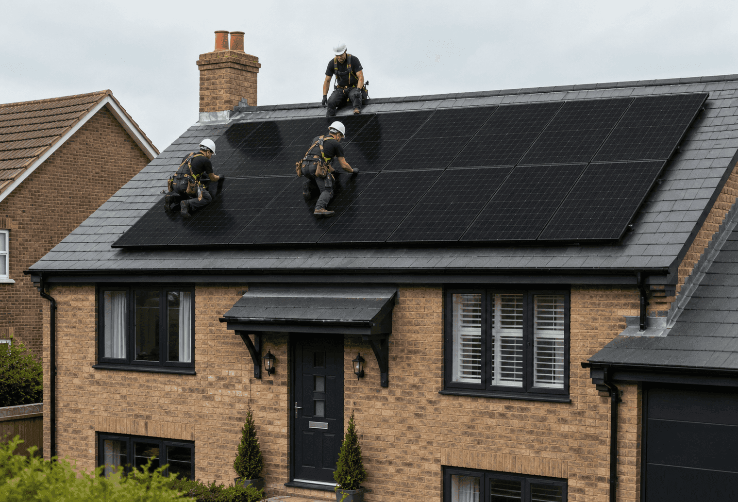 Workers installing solar panels on a roof