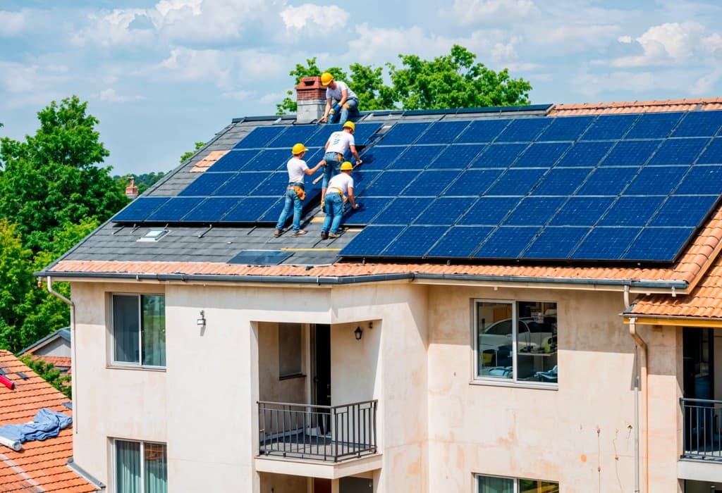 Workers installing solar panels