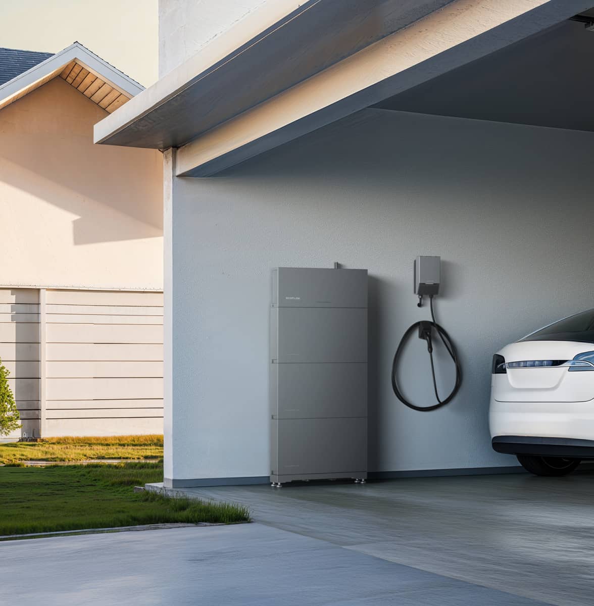Home battery and EV charger on a house wall